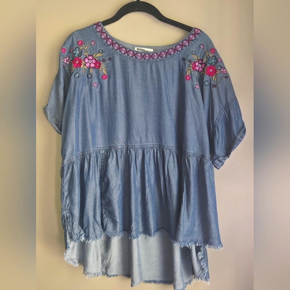 Cato Boho Floral Embroidered Hi-Lo Raw Hem Tunic, XL